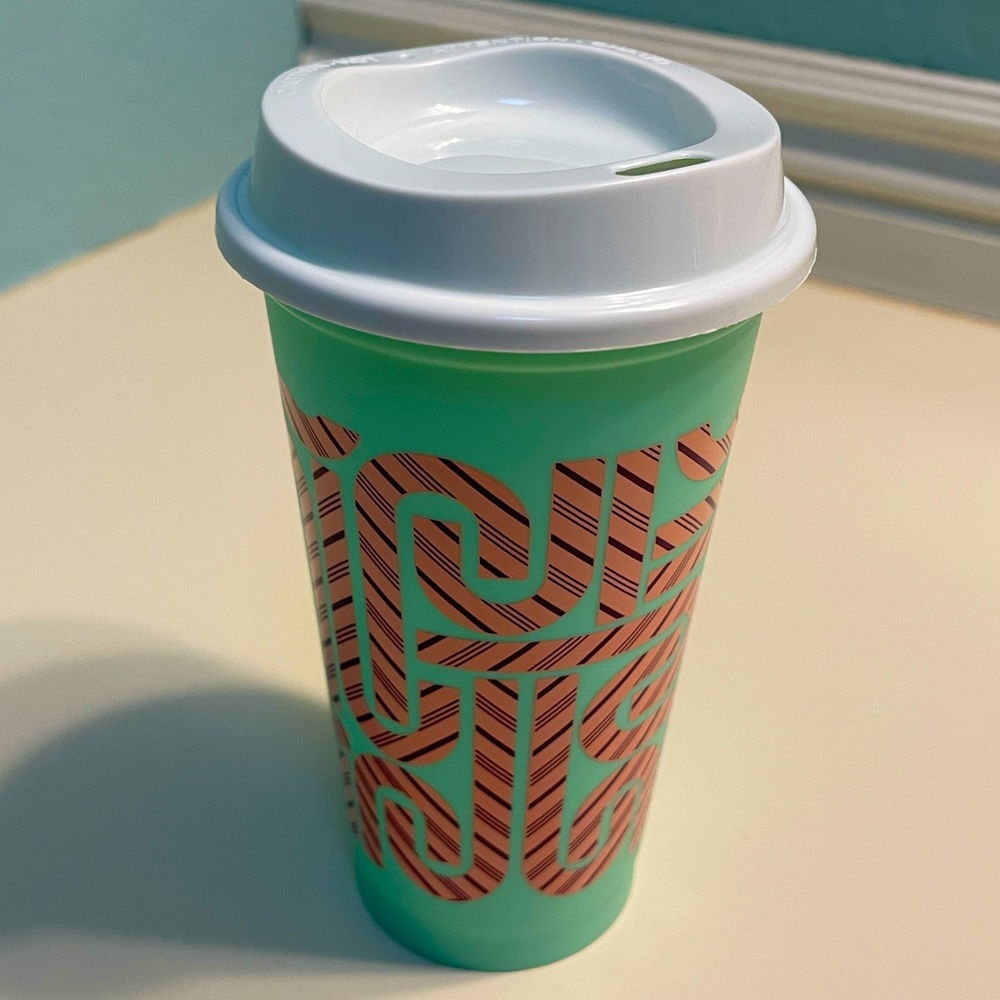 Starbucks Color Changing Hot Cup w/White Lid Reusable Mint Candy Cane Christmas